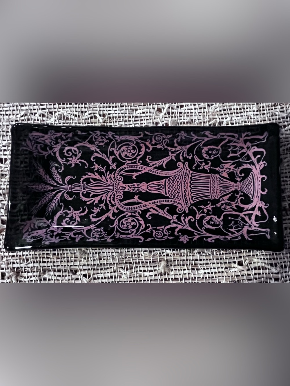 Ornate Pink on Black Decorative GlassTray 6 x 2.75”